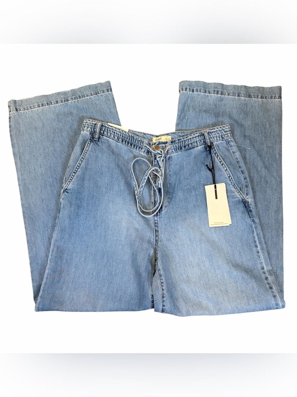 Oat New York High Rise Wide Leg Light Blue Denim Drawstring Jeans